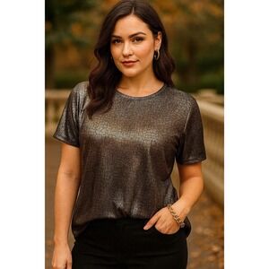 Clio Womens‎ S/M Gold Black Metallic Crackle Print Crew Neck Party Top